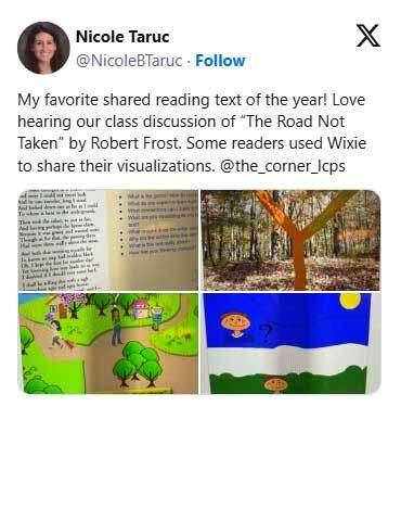 My favorite shared reading text of the year! Love hearing our class discussion of 'The Road Not Taken' by Robert Frost. Some readers used Wixie to share their visualizations.